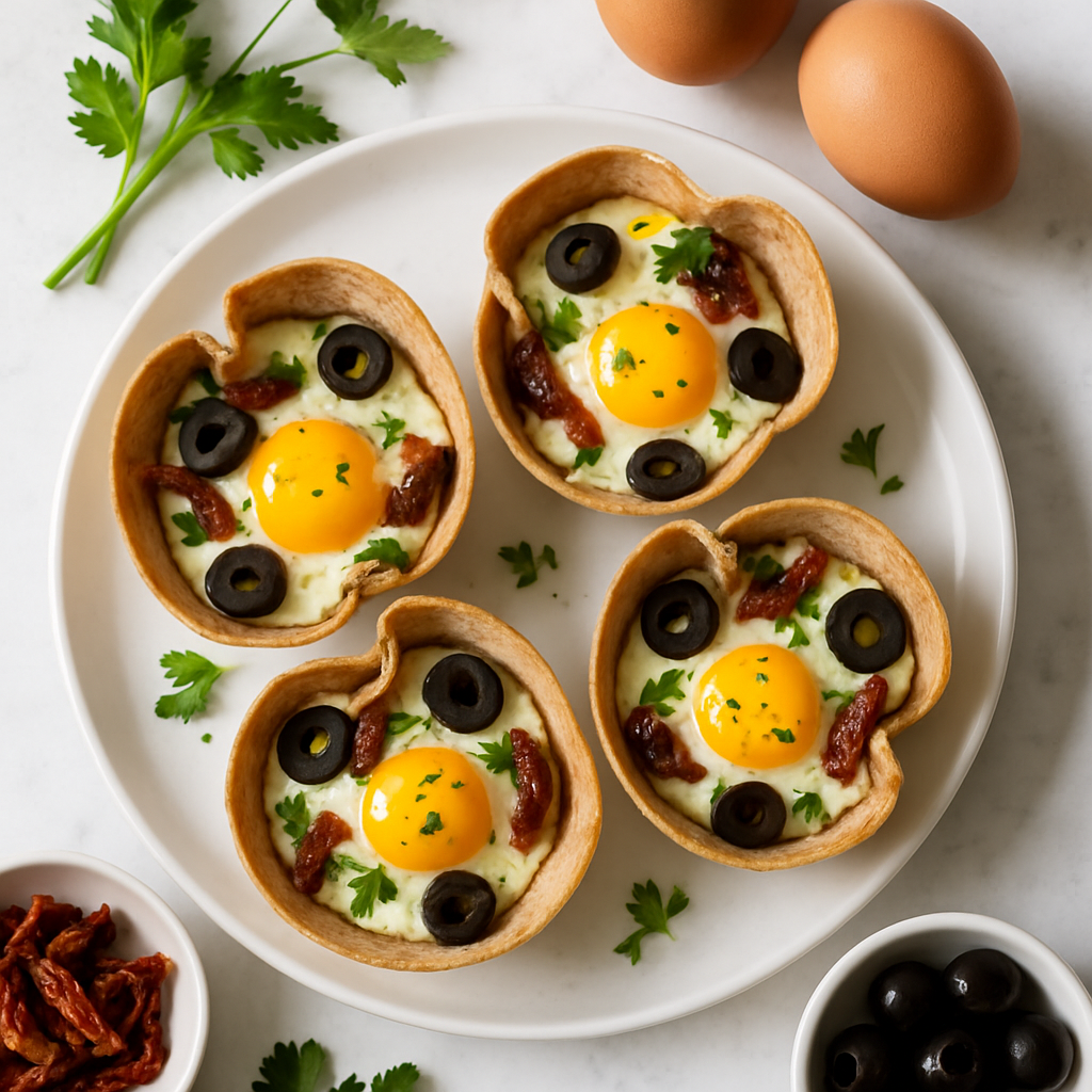 Easy Baked Egg Cups with Olives and Sun Dried Tomatoes