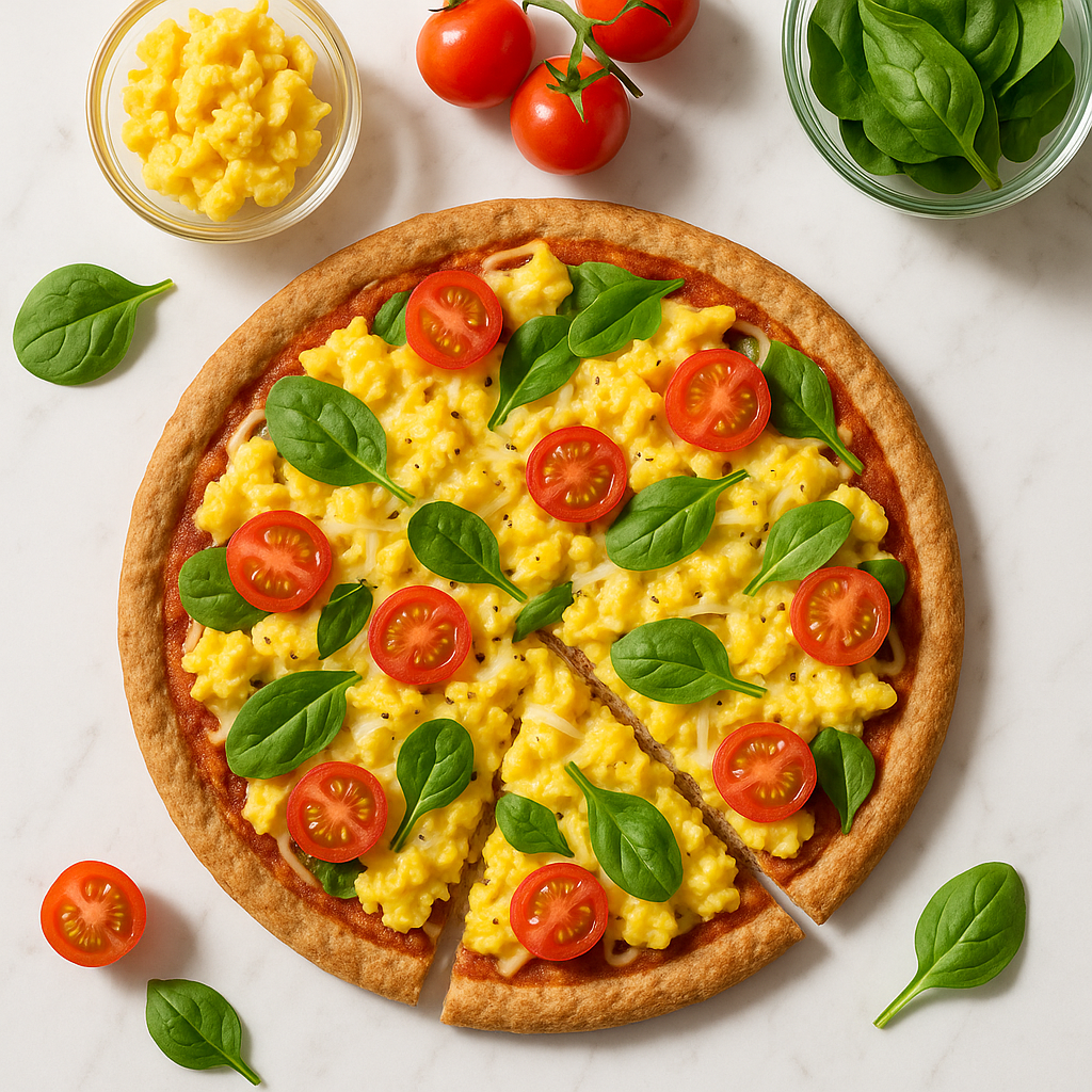 Easy Breakfast Pizza with Scrambled Eggs and Cheese on a Wholegrain Base