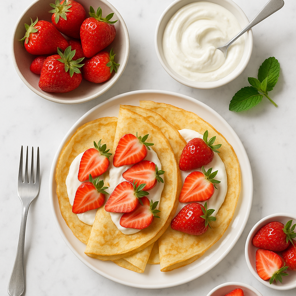 Easy French Crepes with Fresh Strawberries and Greek Yogurt Cream