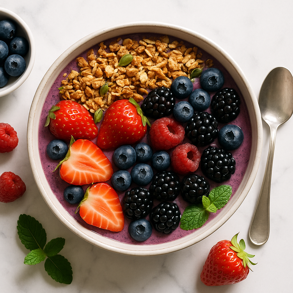 Easy Gluten Free Smoothie Bowl with Granola Topping and Mixed Berries