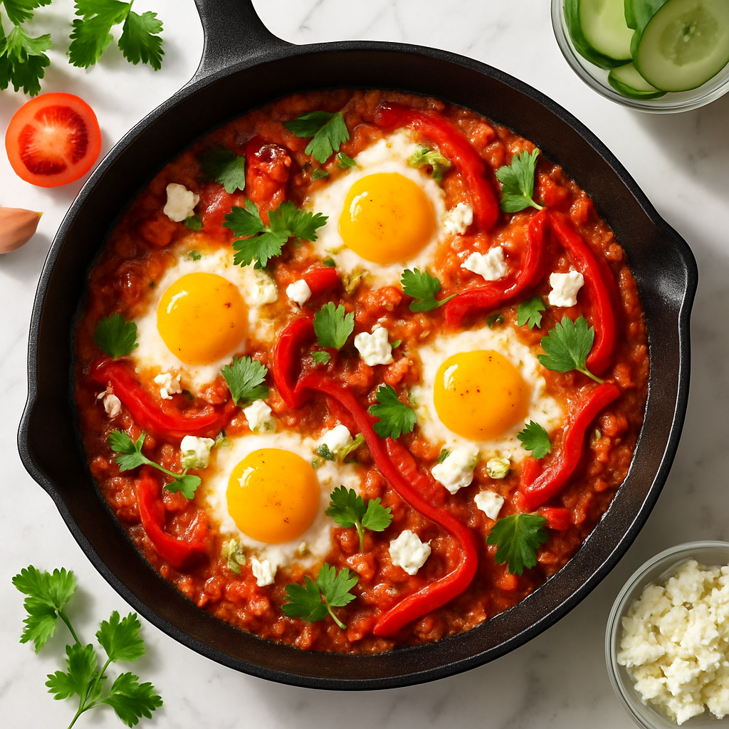 Easy Menemen Style Balkan Egg and Tomato Skillet with Feta and Roasted Peppers