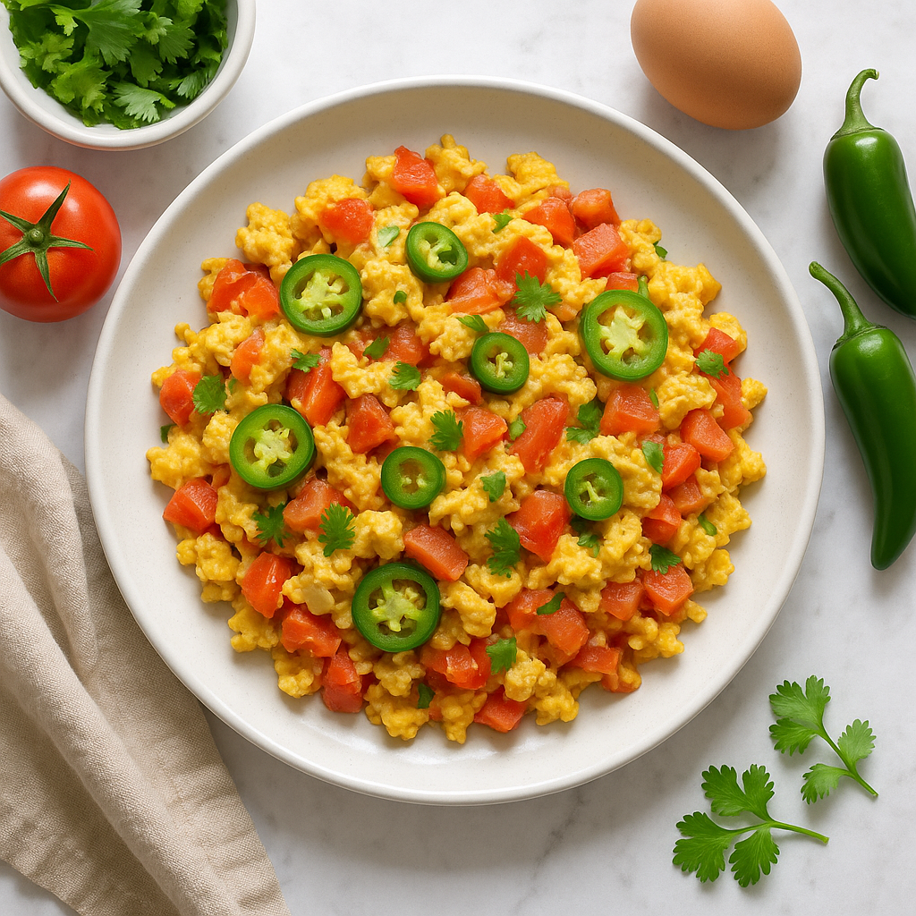 Easy Mexican Scrambled Eggs with Jalapenos and Tomatoes