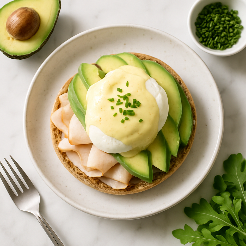 Eggs Benedict with Turkey and Avocado on a Lighter Greek Yogurt Hollandaise