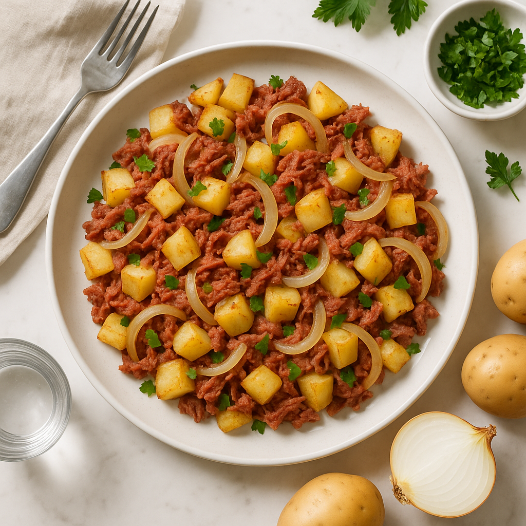 Filipino Corned Beef with Potatoes and Onion Breakfast Hash