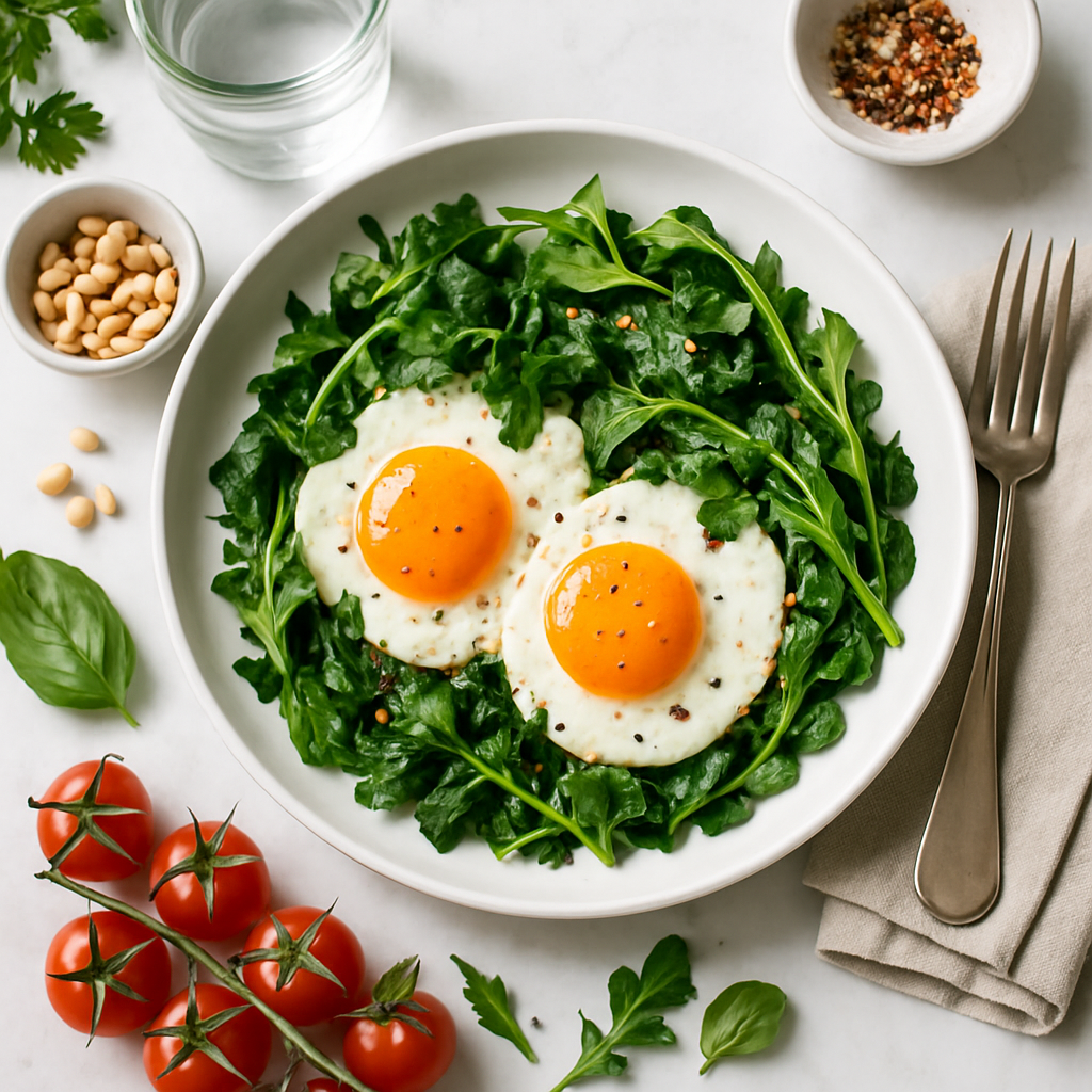 Italian Style Fried Eggs with Greens (Low Calorie, High Protein)