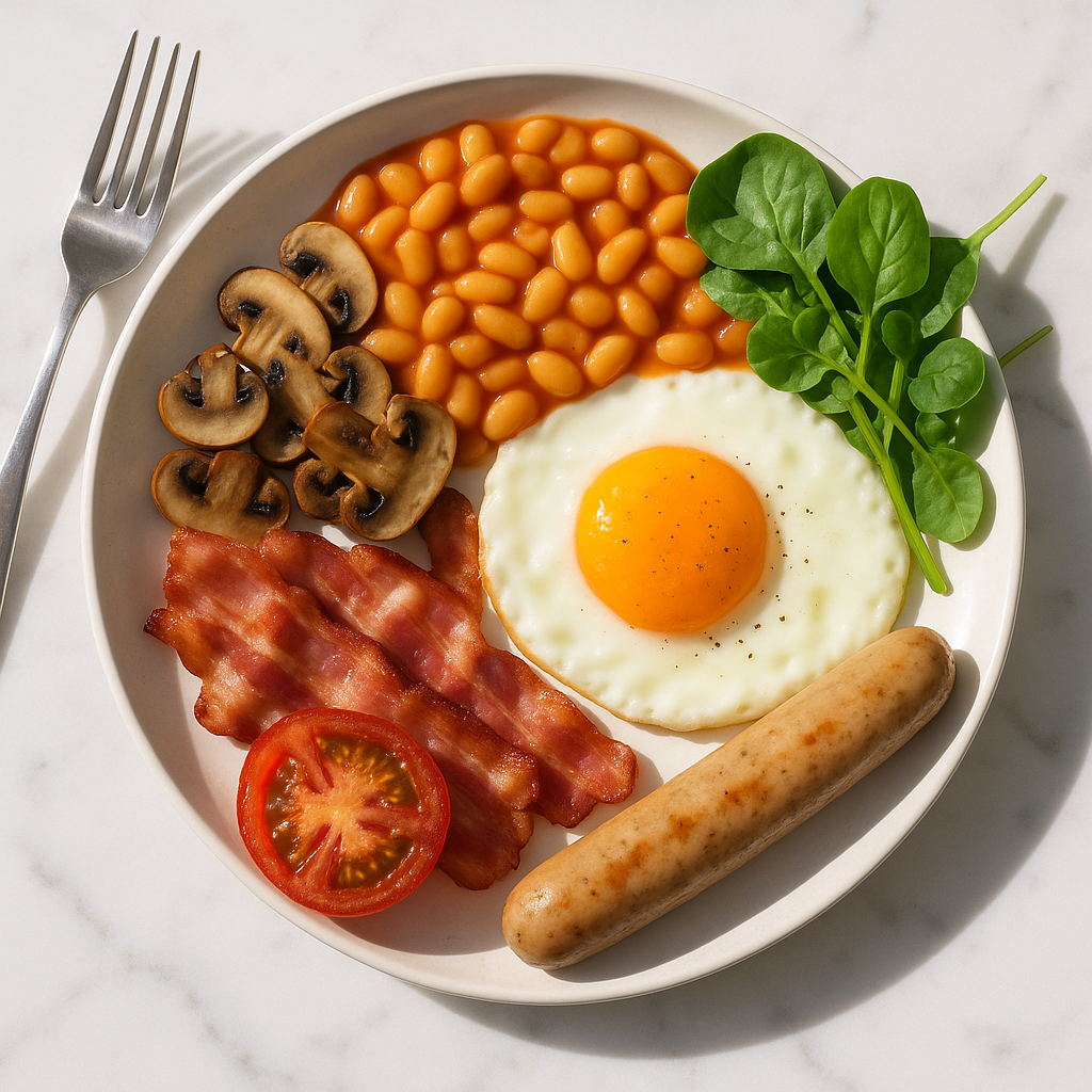 Full English Breakfast with Turkey Sausage and Baked Beans