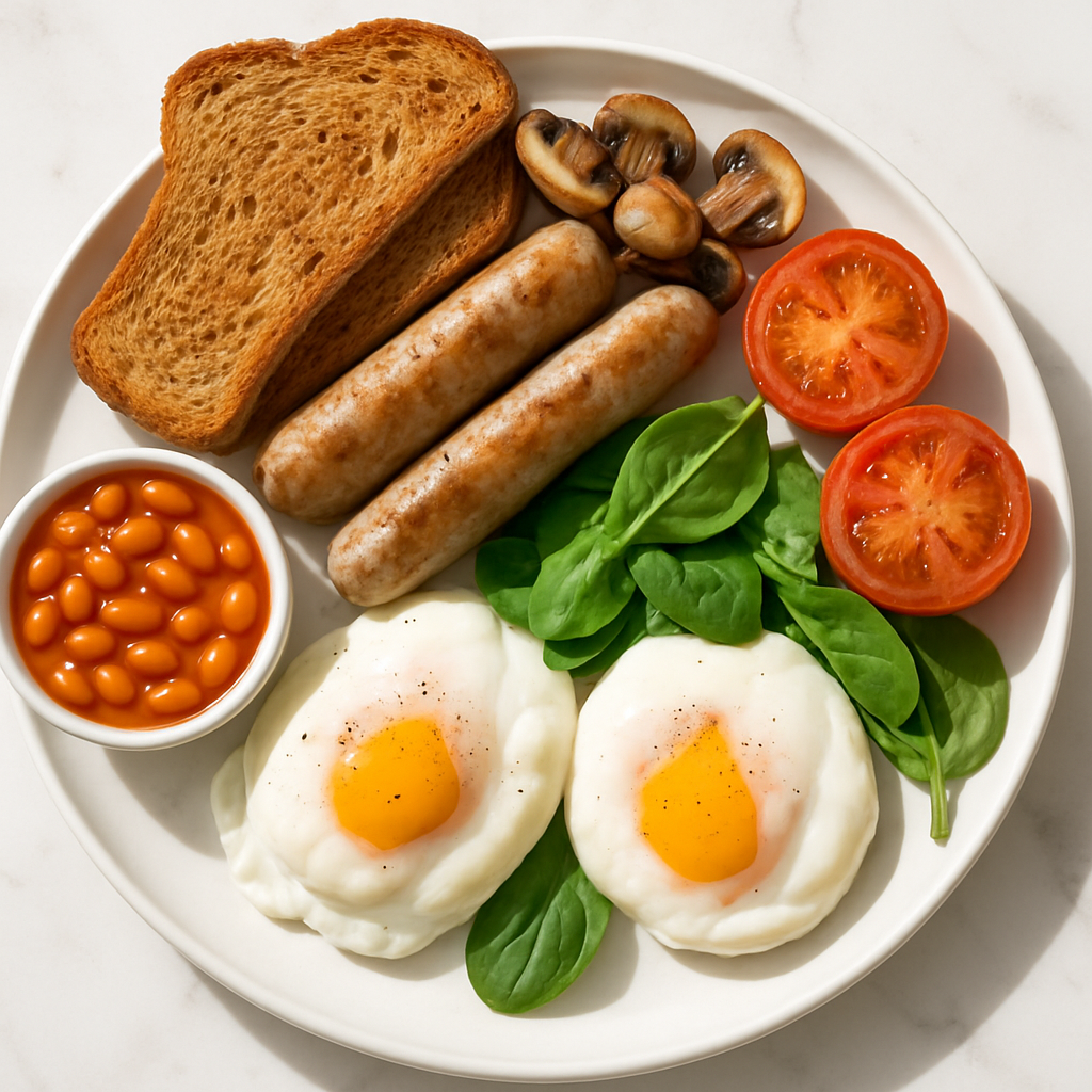 Full English Breakfast with Turkey Sausage and Poached Eggs