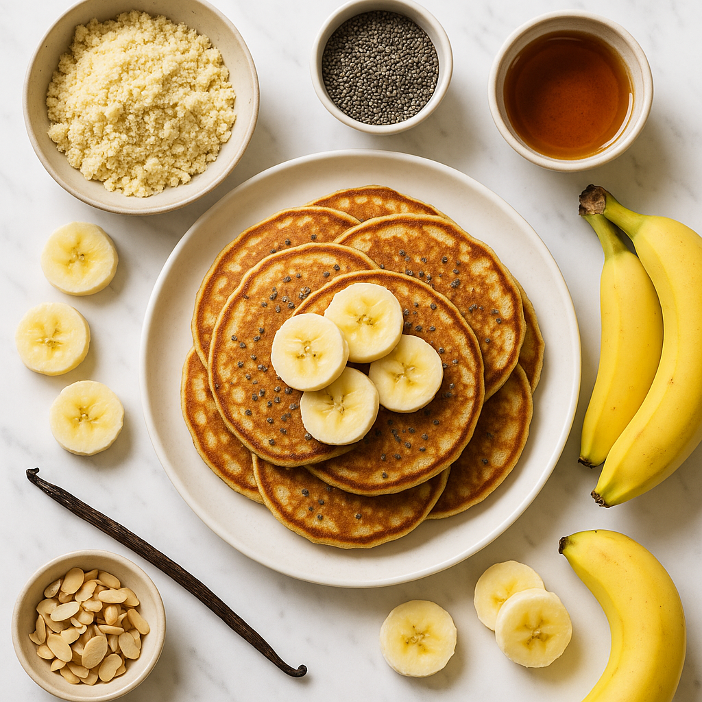 Gluten Free Almond Flour Banana Pancakes with Chia and Vanilla