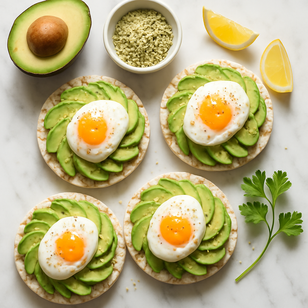 Gluten Free Avocado Toast on Rice Cakes with Soft Poached Egg and Hemp Seeds