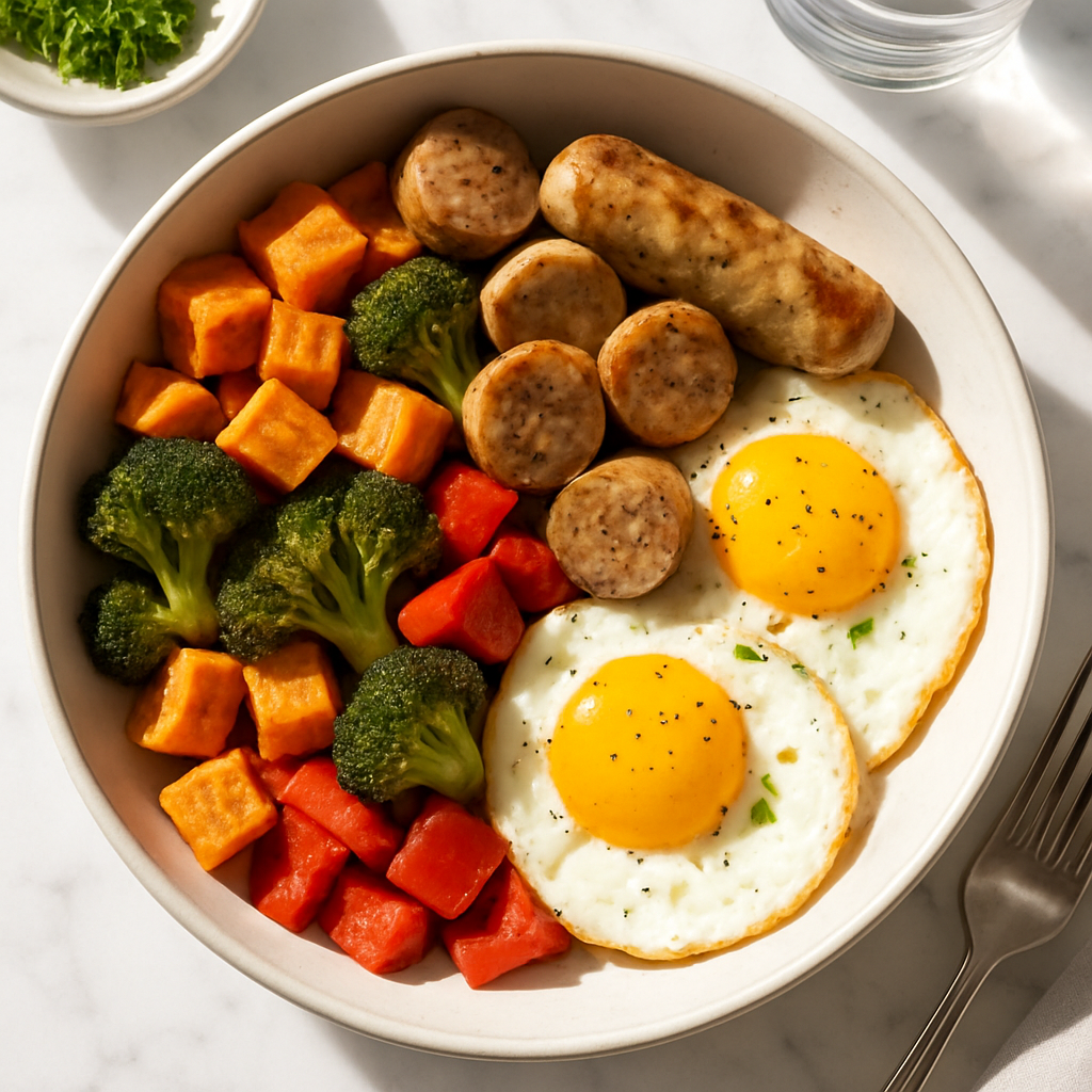 Gluten Free Chicken Sausage Breakfast Bowl with Roasted Veggies and Eggs