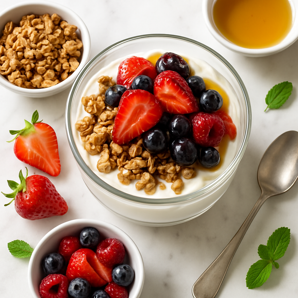 Gluten Free Greek Yogurt Parfait with Granola and Honey Roasted Berries