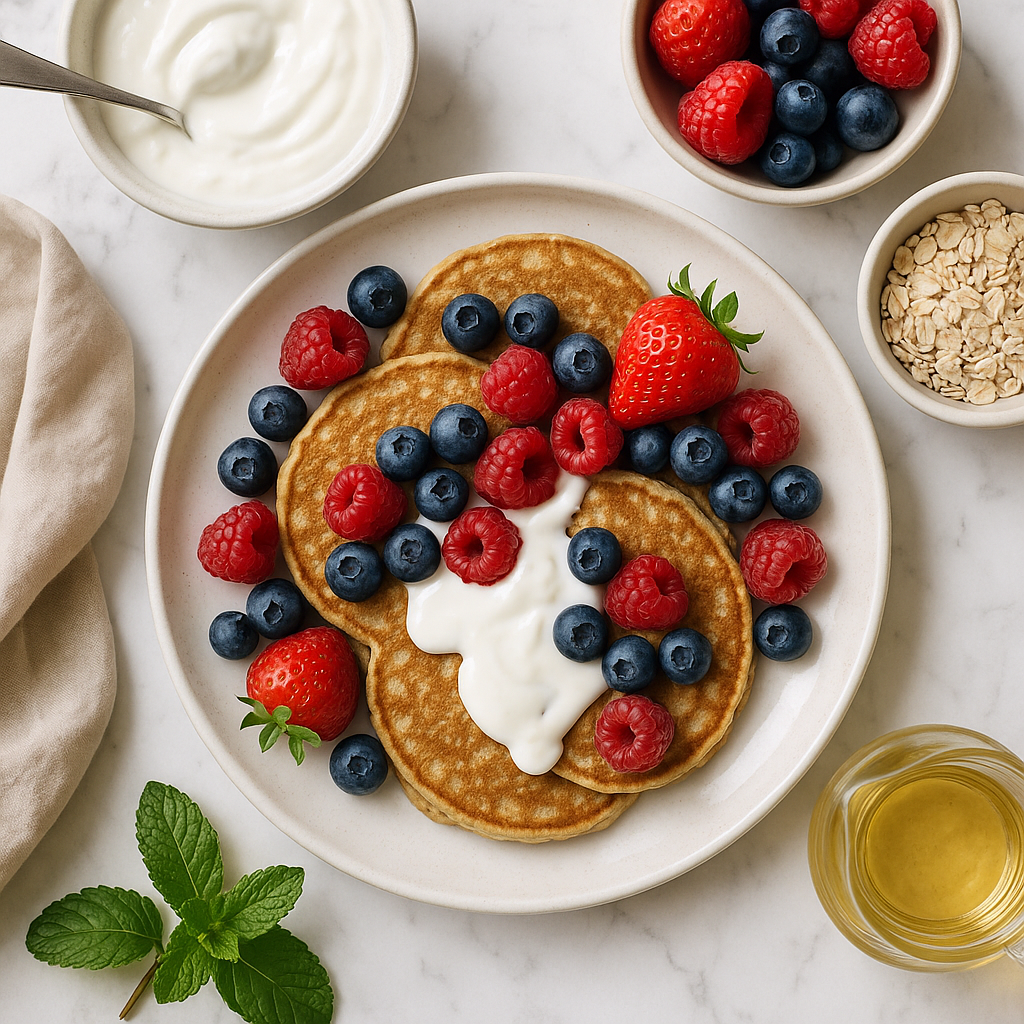 Gluten Free Oat Pancakes with Fresh Berries and Greek Yogurt Drizzle