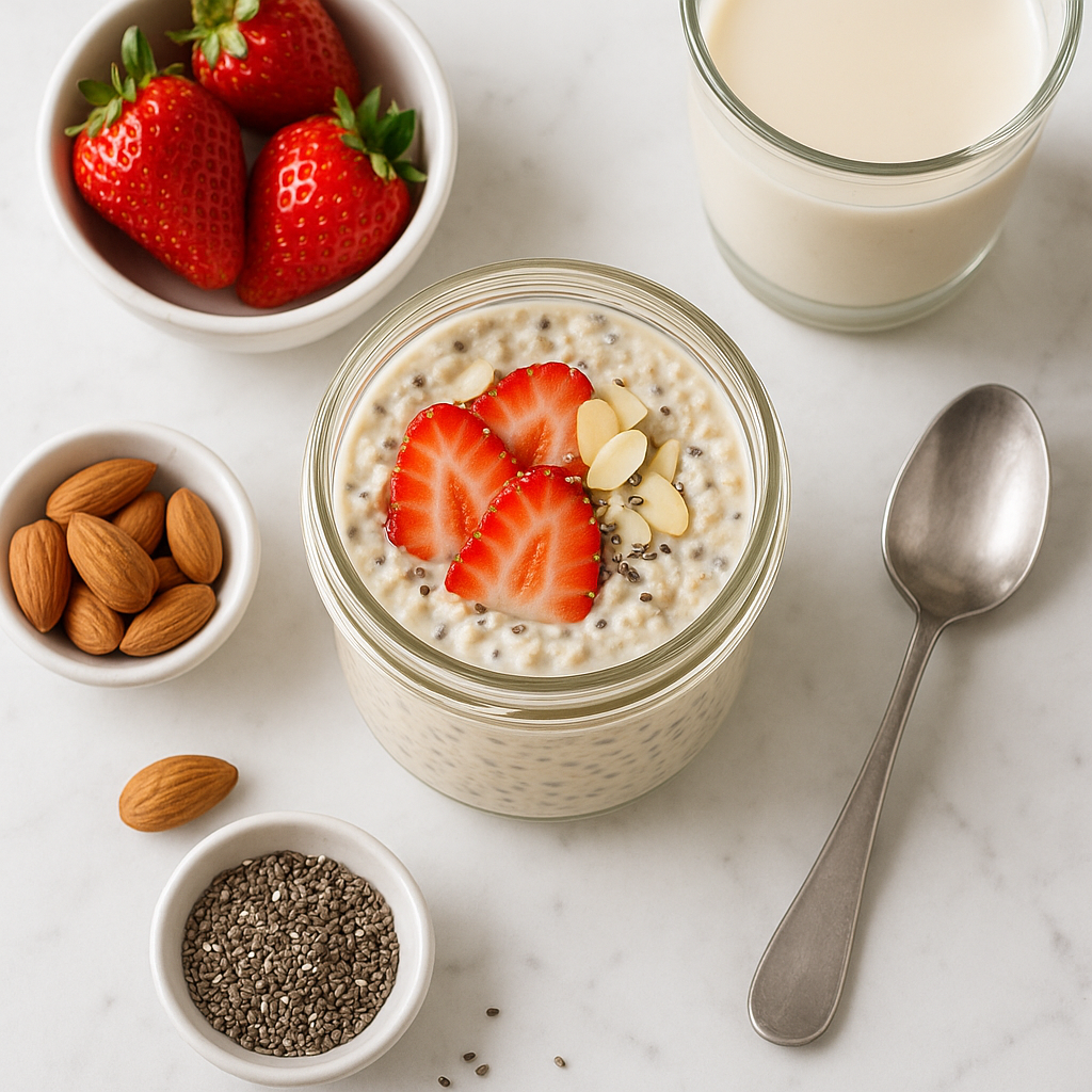 Gluten Free Overnight Oats with Chia Seeds and Almond Milk (High Protein, Low Sugar)