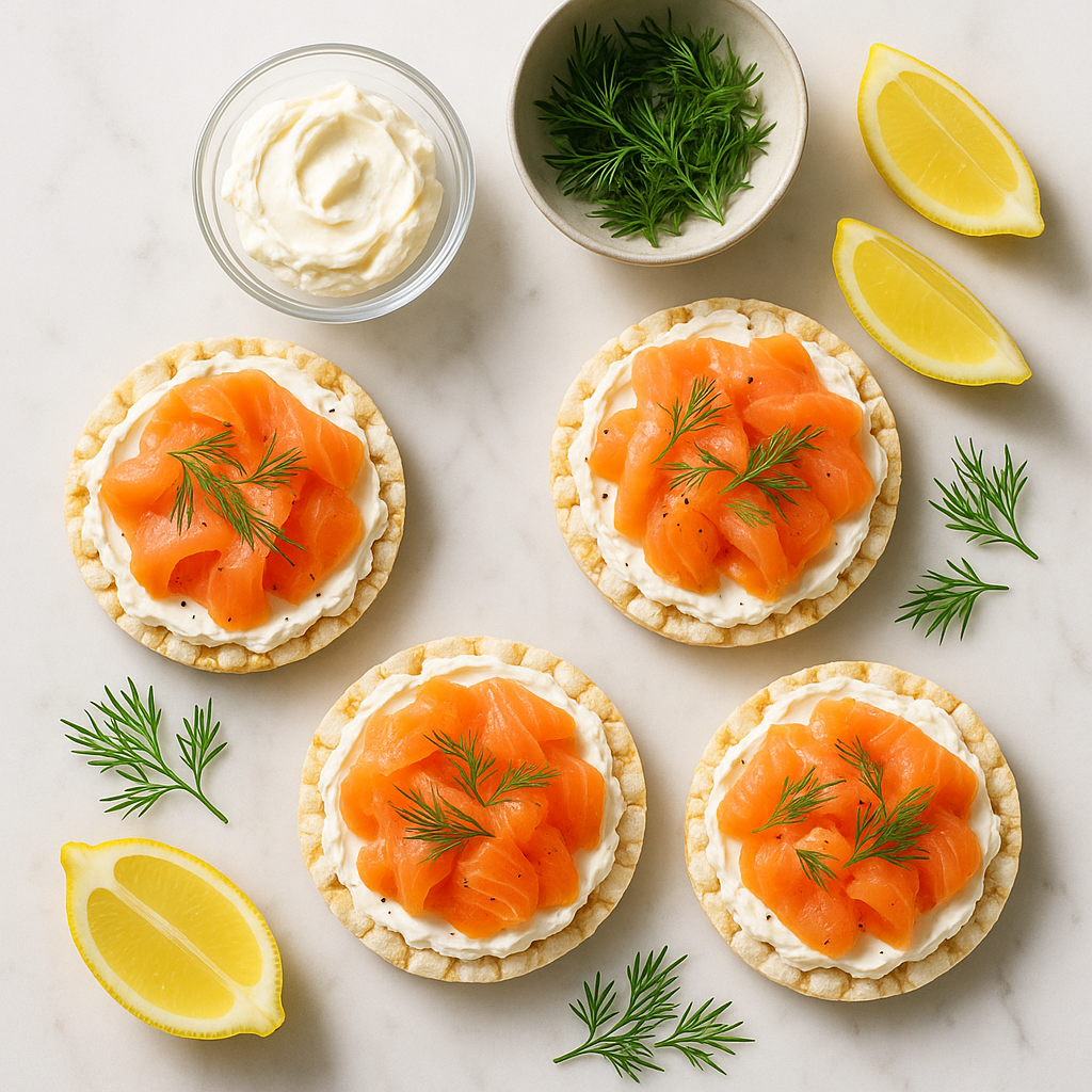 Gluten Free Smoked Salmon and Cream Cheese Rice Cakes with Lemon and Dill