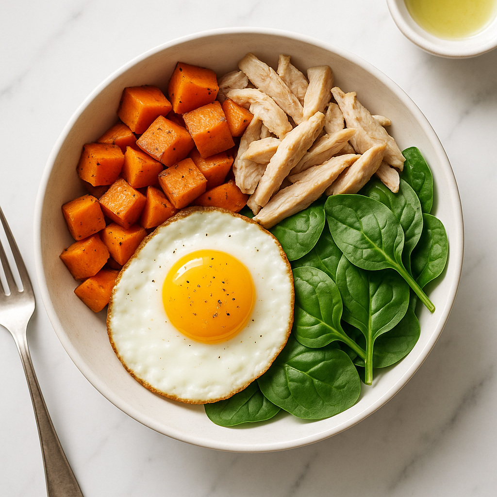 Gluten Free Sweet Potato Breakfast Bowl with Turkey and Spinach
