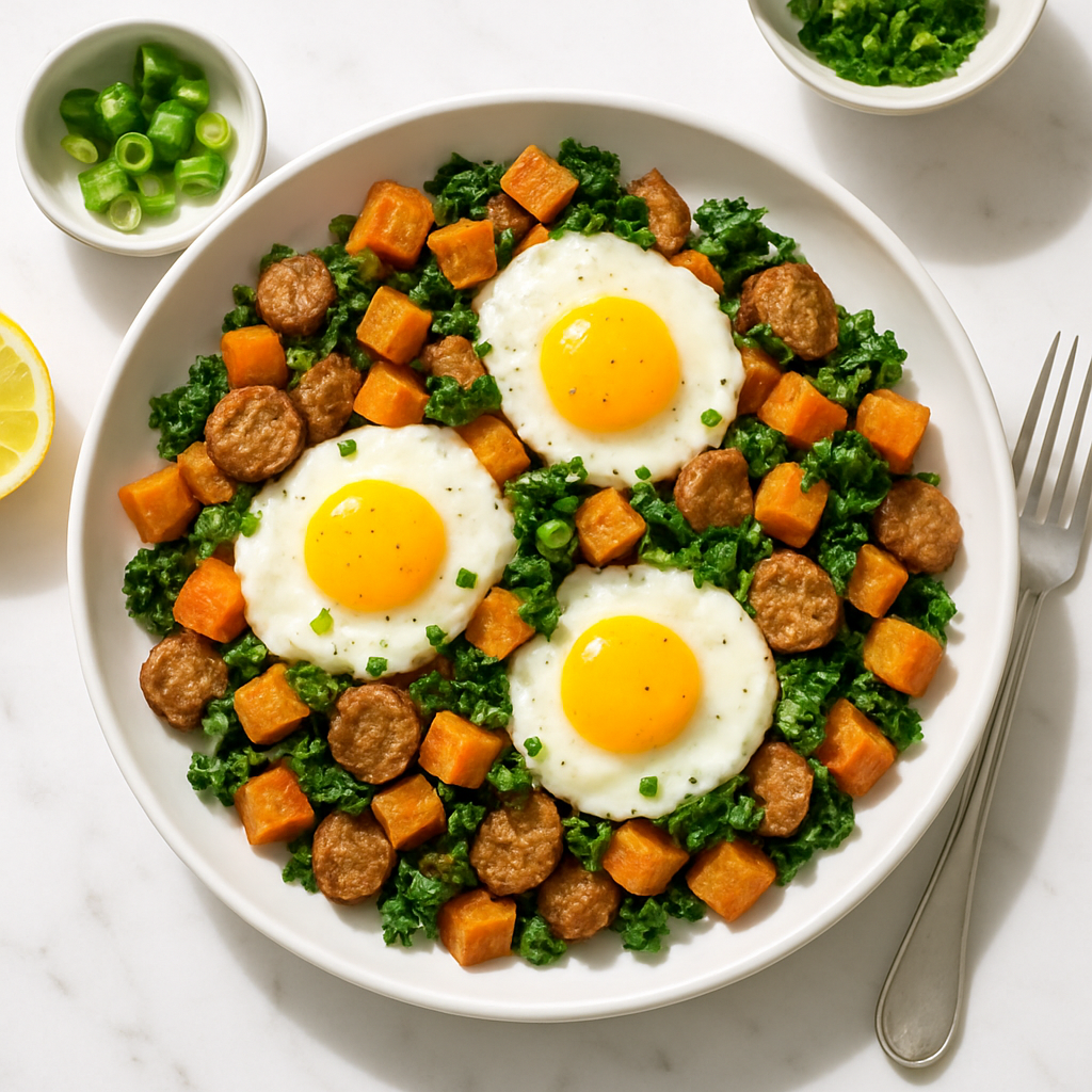 Gluten Free Sweet Potato Breakfast Hash with Turkey Sausage and Eggs