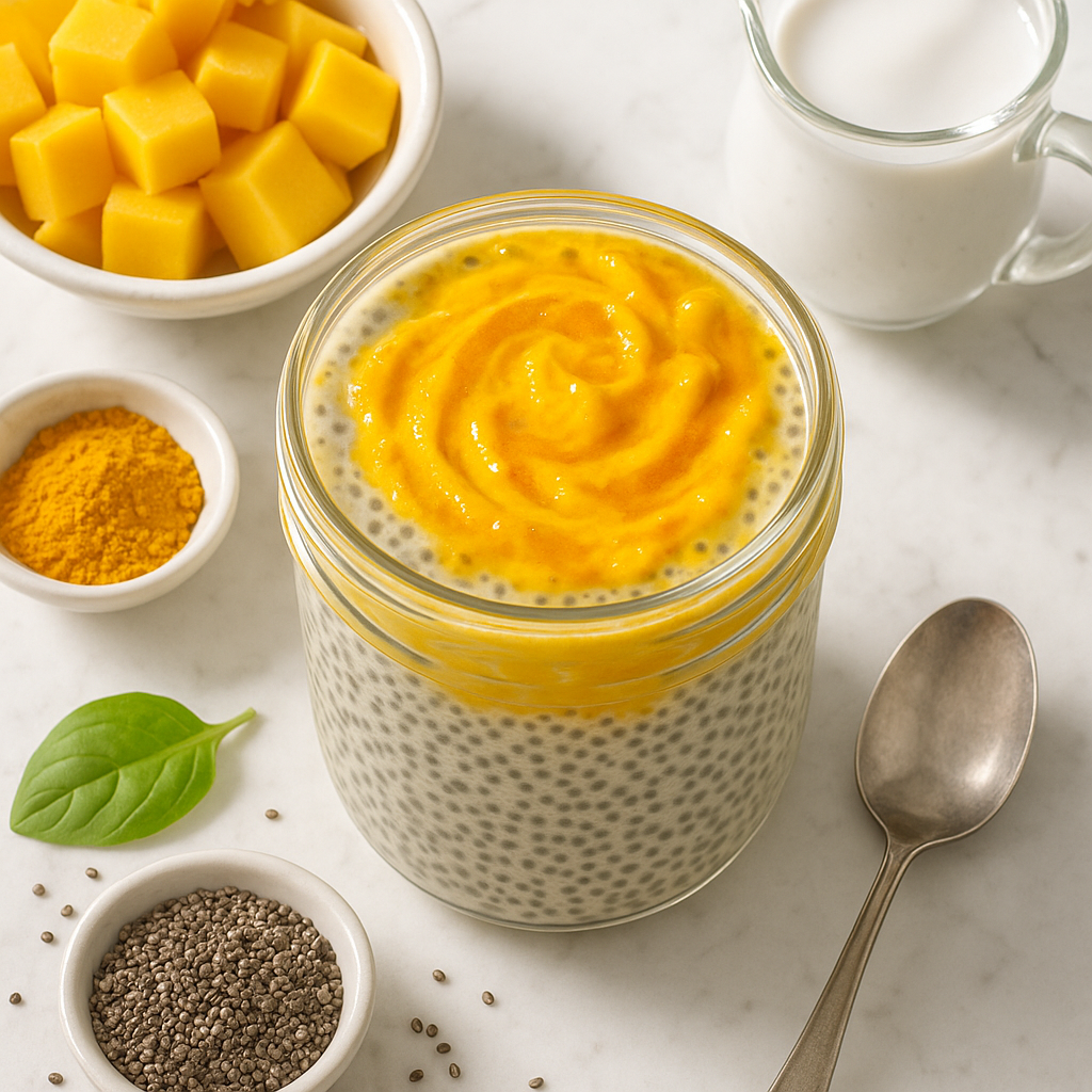 Gluten Free Vegan Chia Seed Pudding with Coconut Milk and Mango Turmeric Swirl