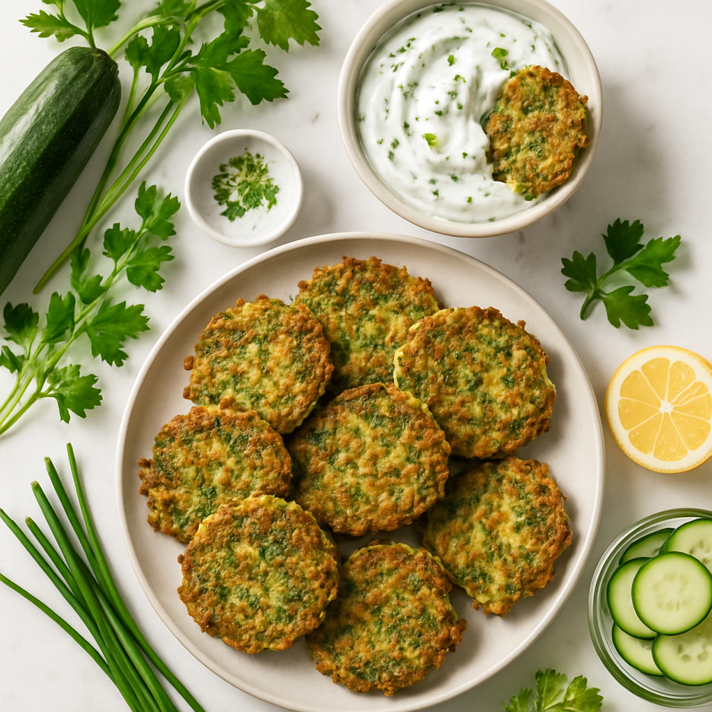 Gluten Free Zucchini Fritters Low Calorie with Herb Yogurt Dip