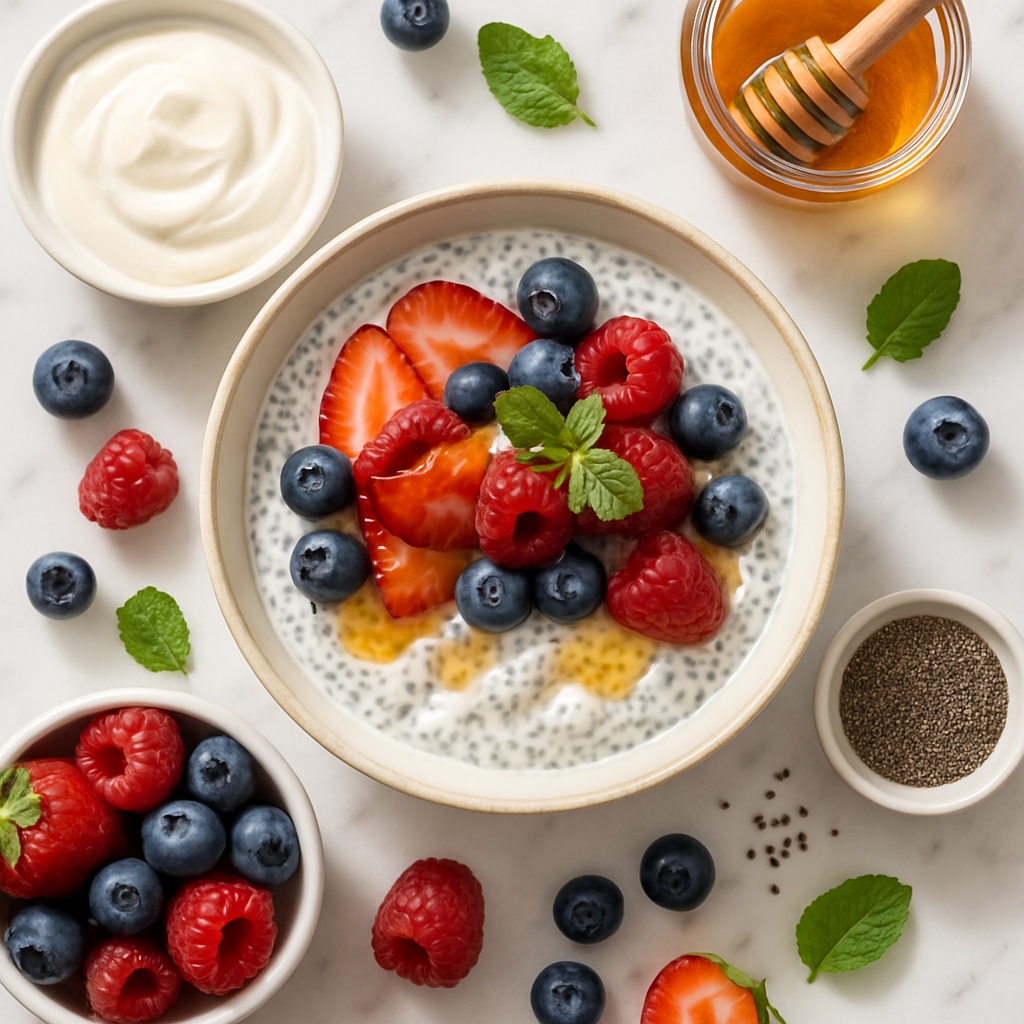 Greek Yogurt Chia Seed Pudding Overnight Breakfast with Berries and Honey