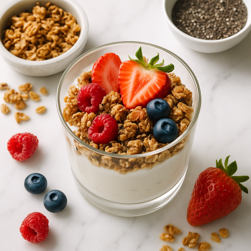 High Protein Greek Yogurt Parfait with Granola and Chia Seeds
