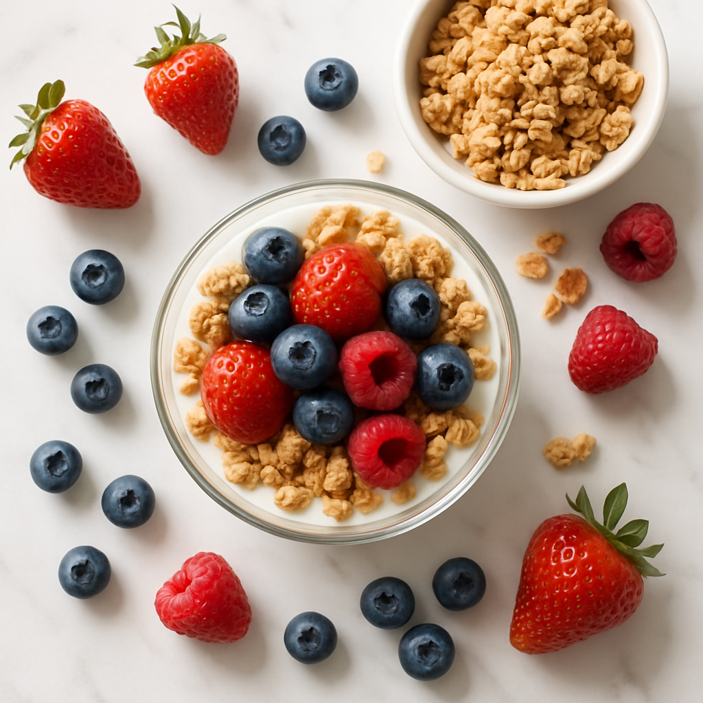 Low Sugar Greek Yogurt Parfait with Granola and Fresh Berries