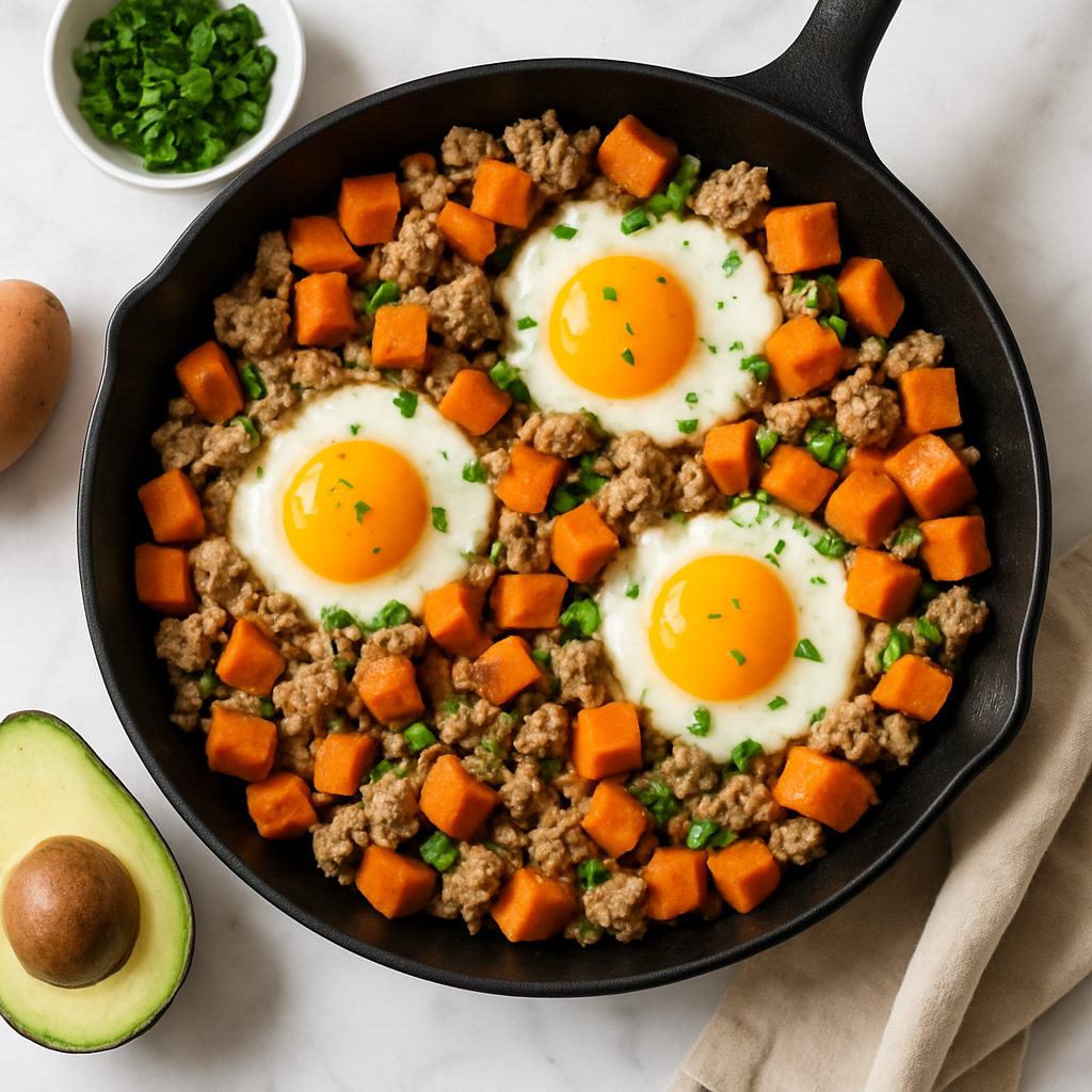 Ground Turkey Breakfast Skillet with Sweet Potato and Eggs