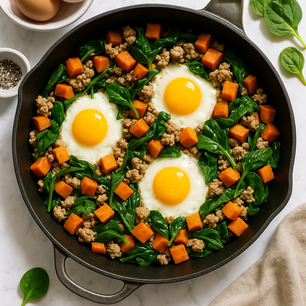 Ground Turkey Breakfast Skillet with Sweet Potato and Spinach