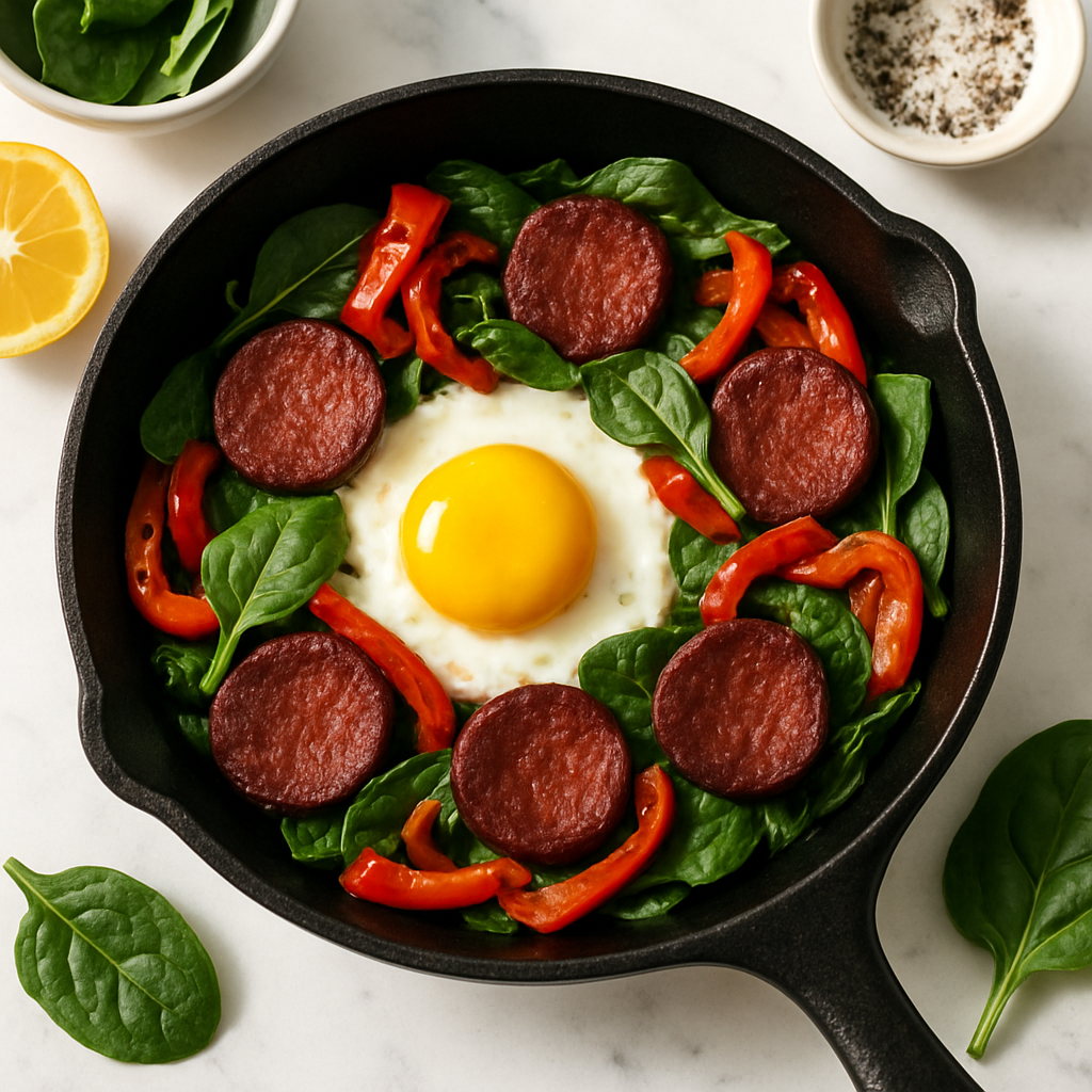 Halal Beef Sujuk and Egg Breakfast Skillet with Roasted Peppers and Spinach