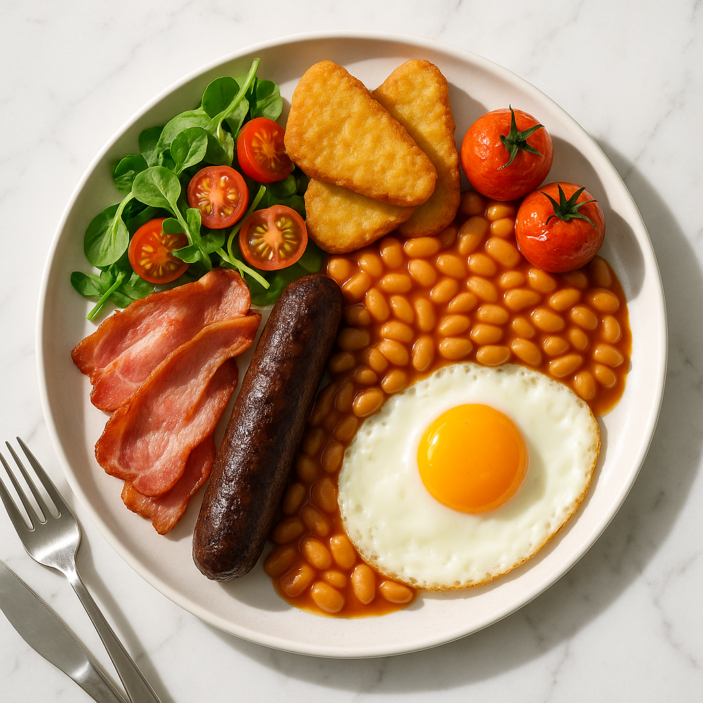 Halal Full English Breakfast with Beef Sausage and Hash Browns