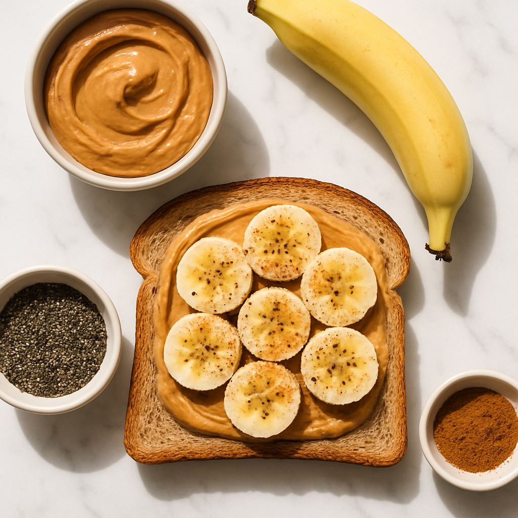 Healthy 5 Minute Whole Wheat Peanut Butter Banana Toast with Chia and Cinnamon