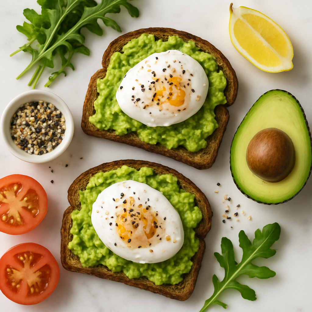 Healthy Avocado Toast with Poached Eggs and Everything Bagel Seasoning