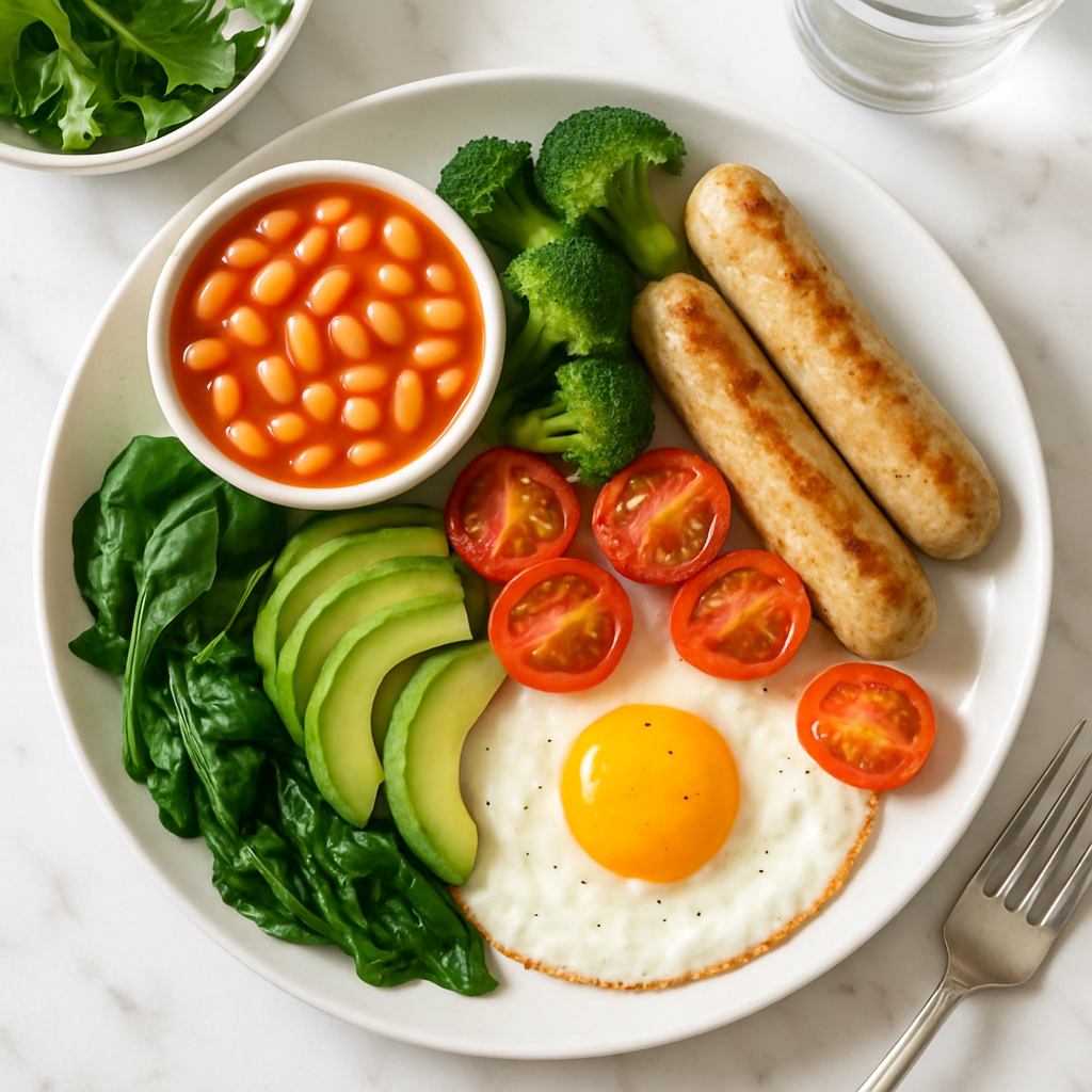 Healthy Full English Breakfast with Chicken Sausage (Low Calorie)