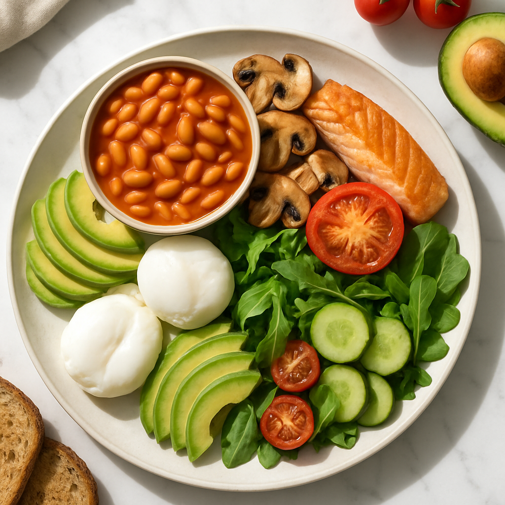 Healthy Full Irish Breakfast with Baked Beans and Mushrooms