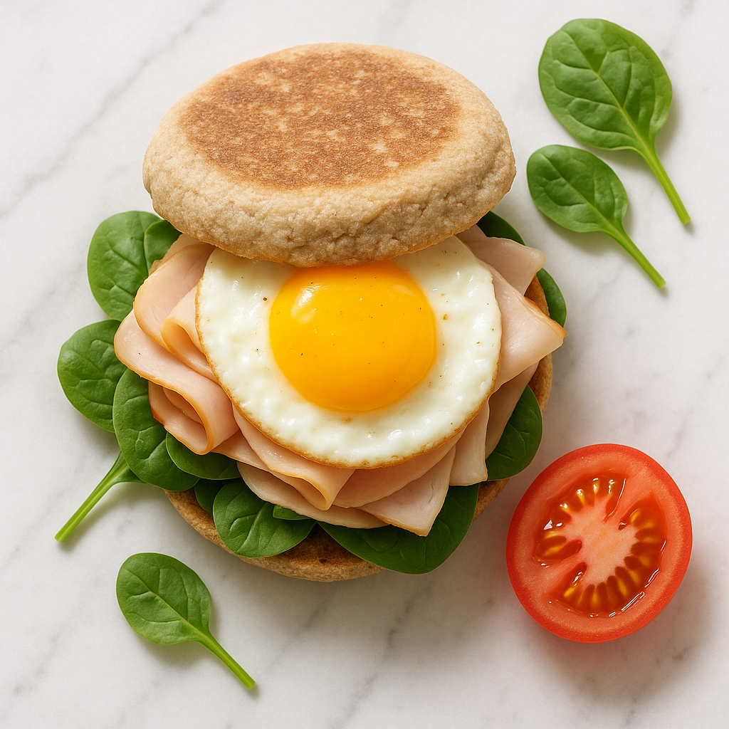 Healthy Turkey and Egg Breakfast Sandwich on English Muffin