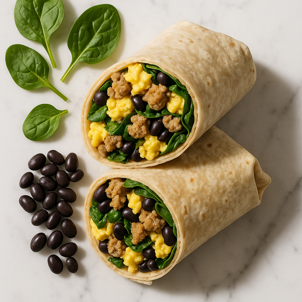 Healthy Turkey Sausage and Egg Breakfast Burrito with Spinach and Black Beans