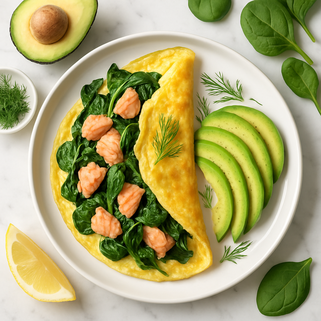 Heart Healthy Salmon and Spinach Omelette with Avocado and Dill
