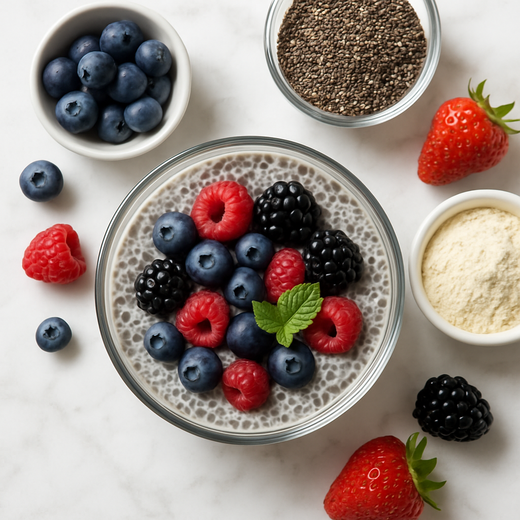 High Fiber Chia Seed Pudding with Mixed Berries and Vanilla Protein
