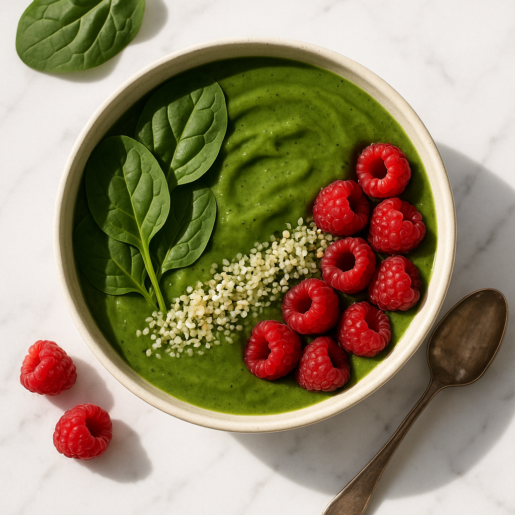High Fiber Smoothie Bowl with Spinach, Hemp Seeds and Raspberries