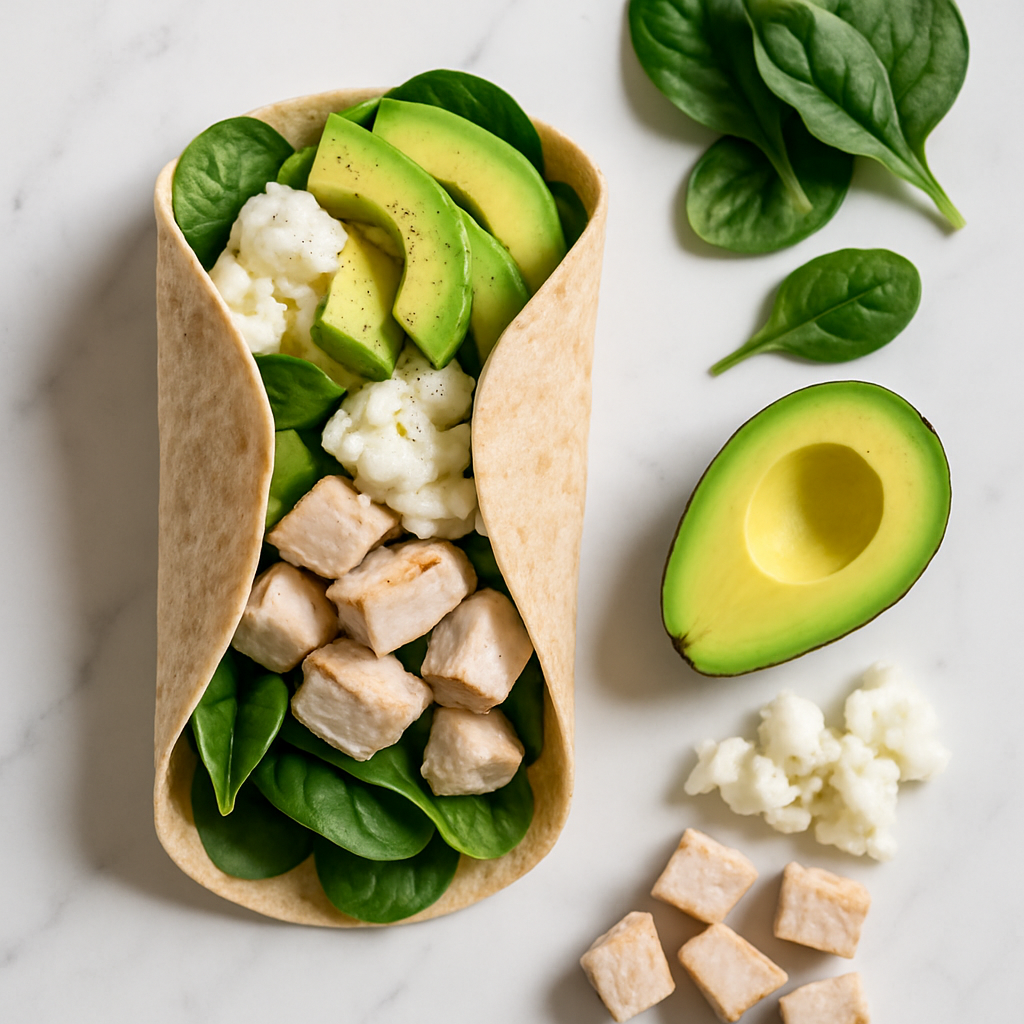 High Protein Avocado Chicken Breakfast Wrap with Spinach and Egg Whites