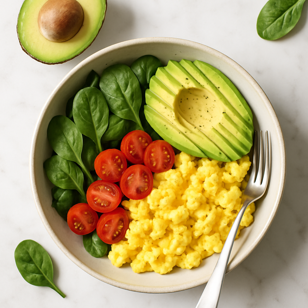 High Protein Avocado Egg Scramble Breakfast Bowl