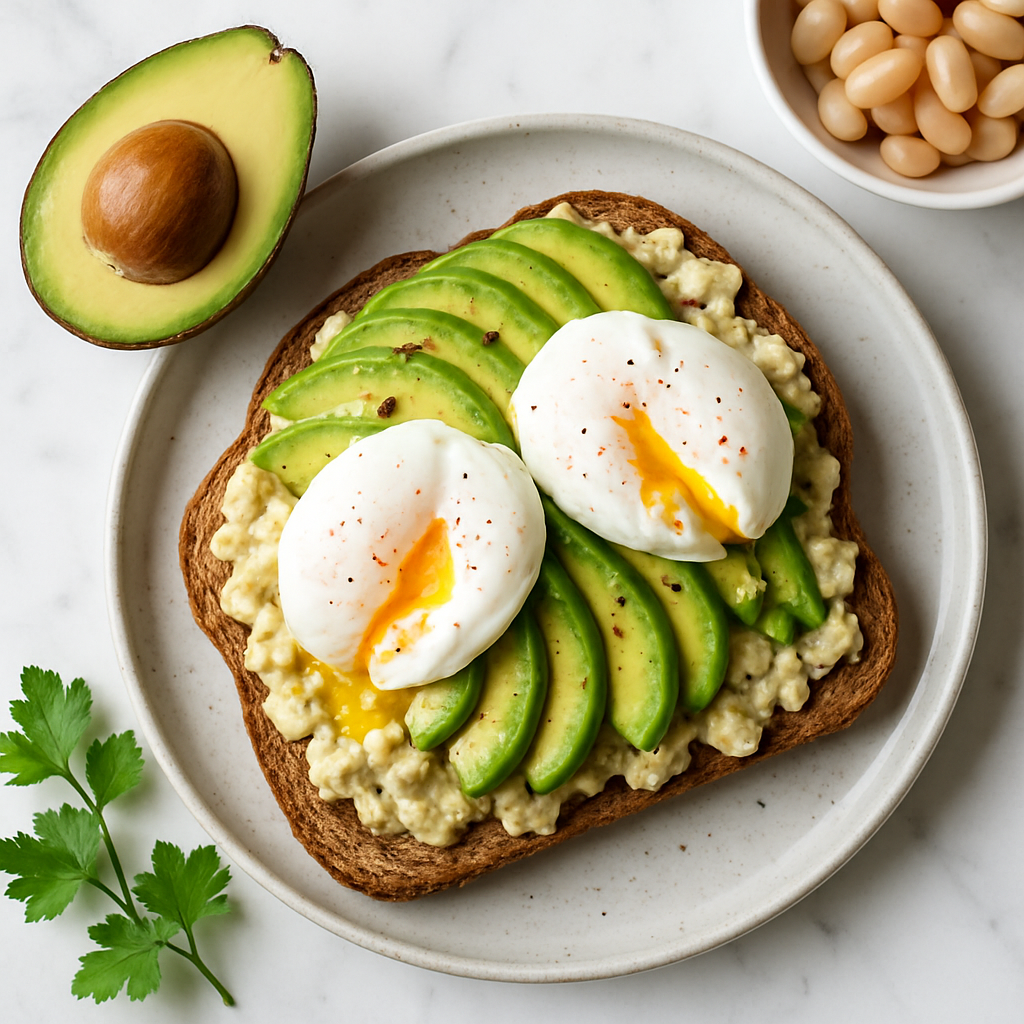 High Protein Avocado Toast with Poached Eggs and White Bean Smash