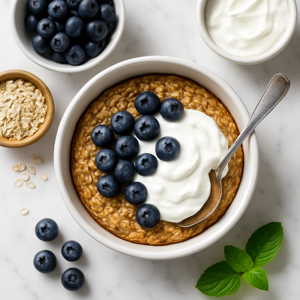 High Protein Baked Oats with Greek Yogurt and Blueberries