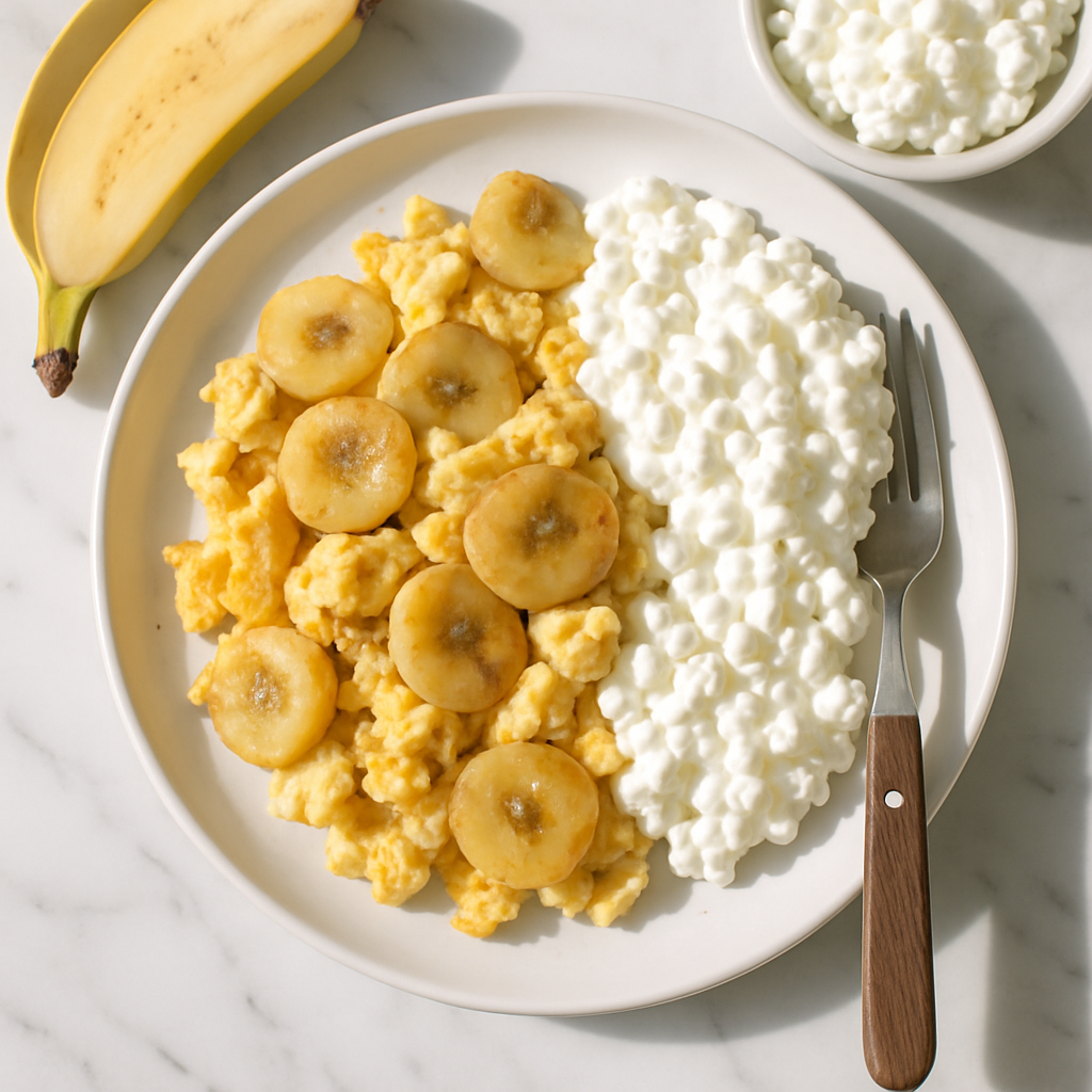 High Protein Banana Egg Breakfast Scramble with Cottage Cheese