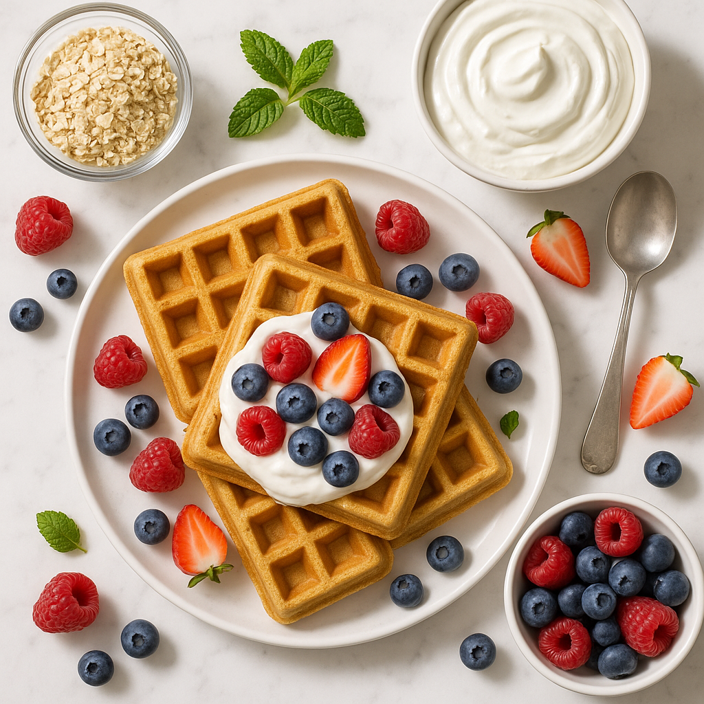 High Protein Belgian Waffles with Greek Yogurt and Berries