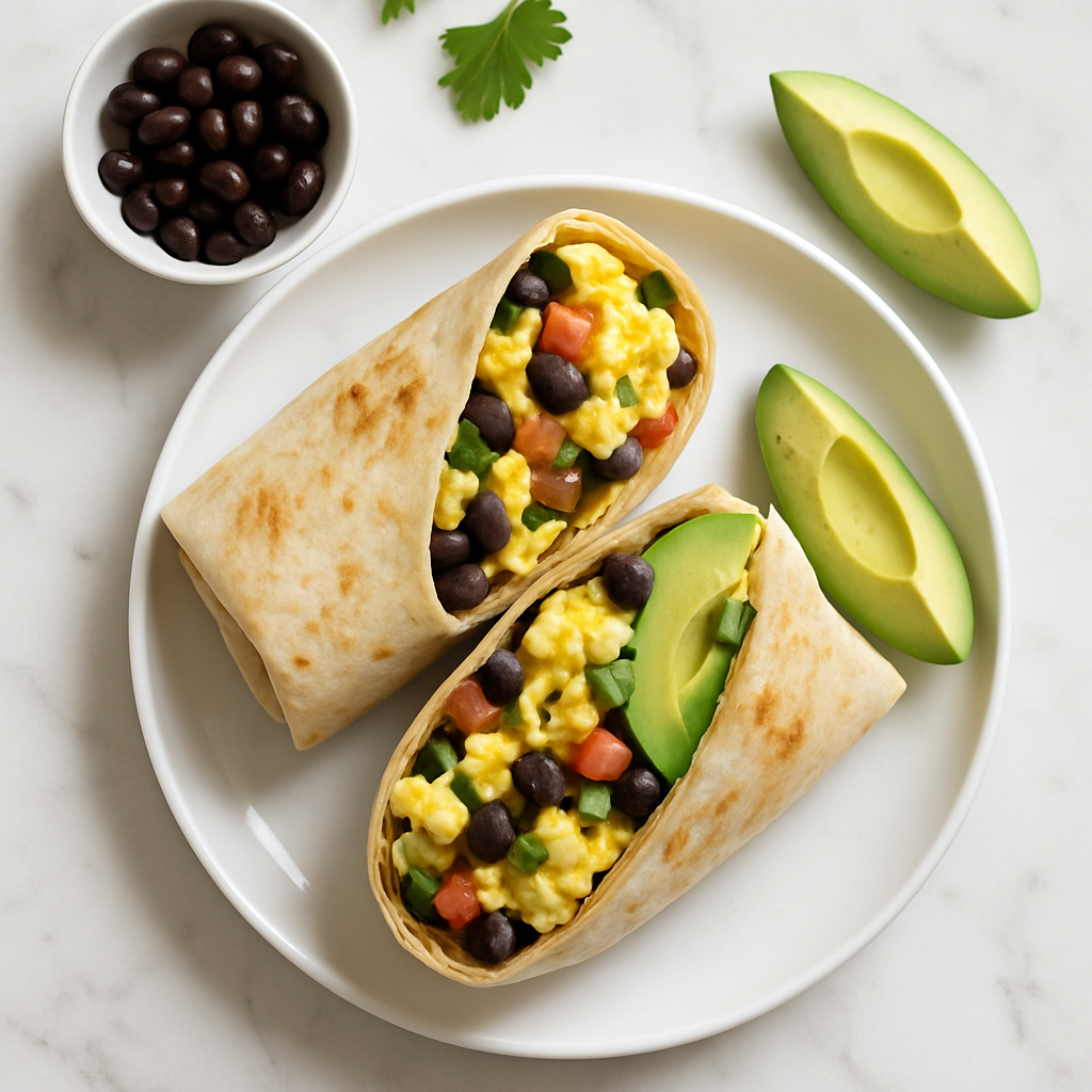 High Protein Breakfast Burrito with Eggs, Black Beans and Avocado