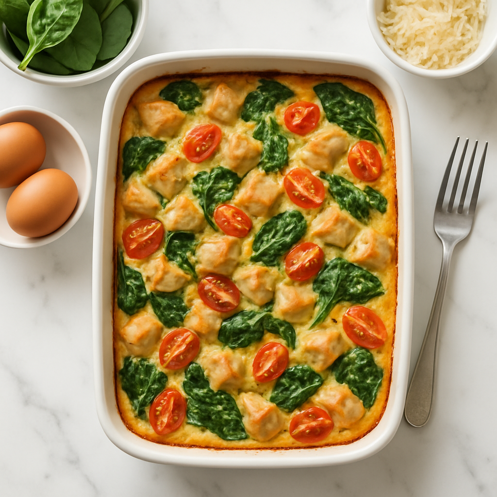 High Protein Breakfast Casserole with Chicken and Spinach