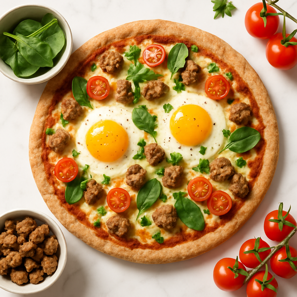 High Protein Breakfast Pizza with Turkey Sausage and Eggs