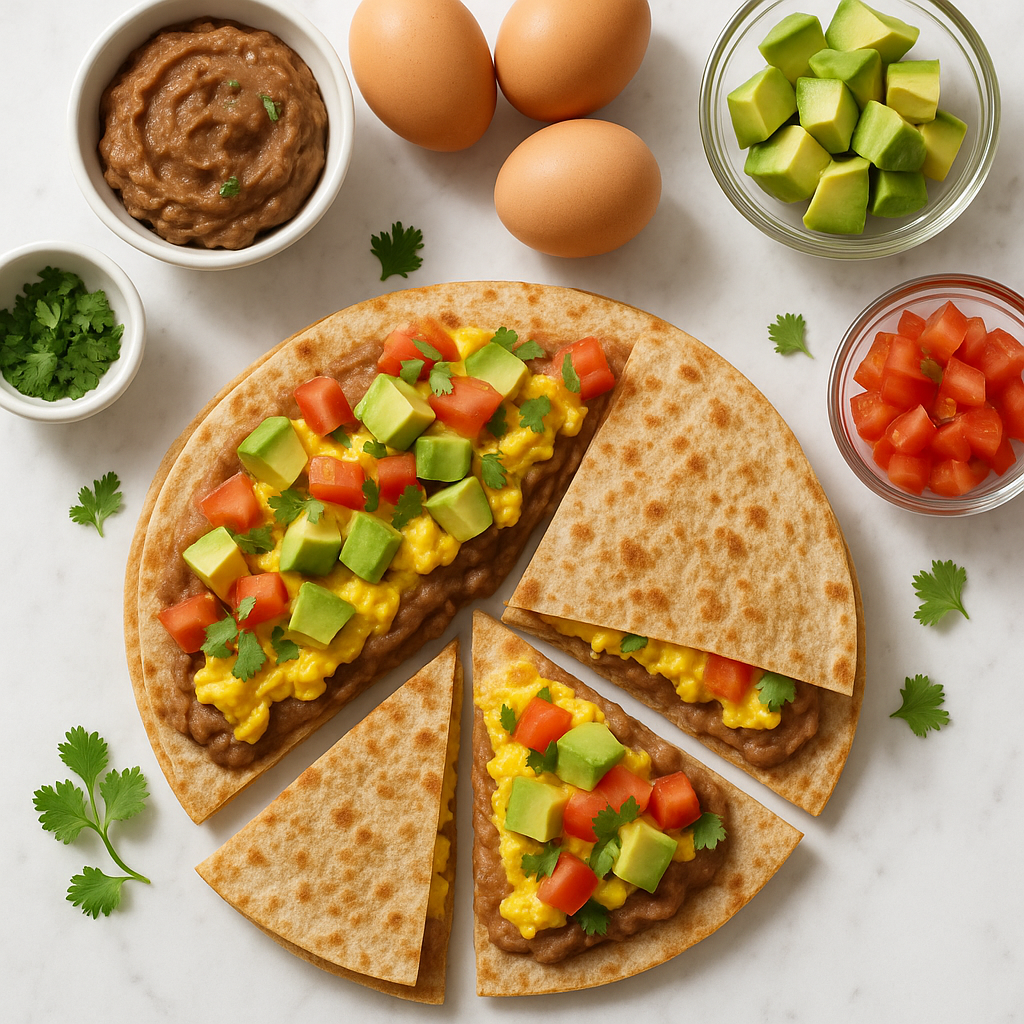 High Protein Breakfast Quesadilla with Eggs and Refried Beans