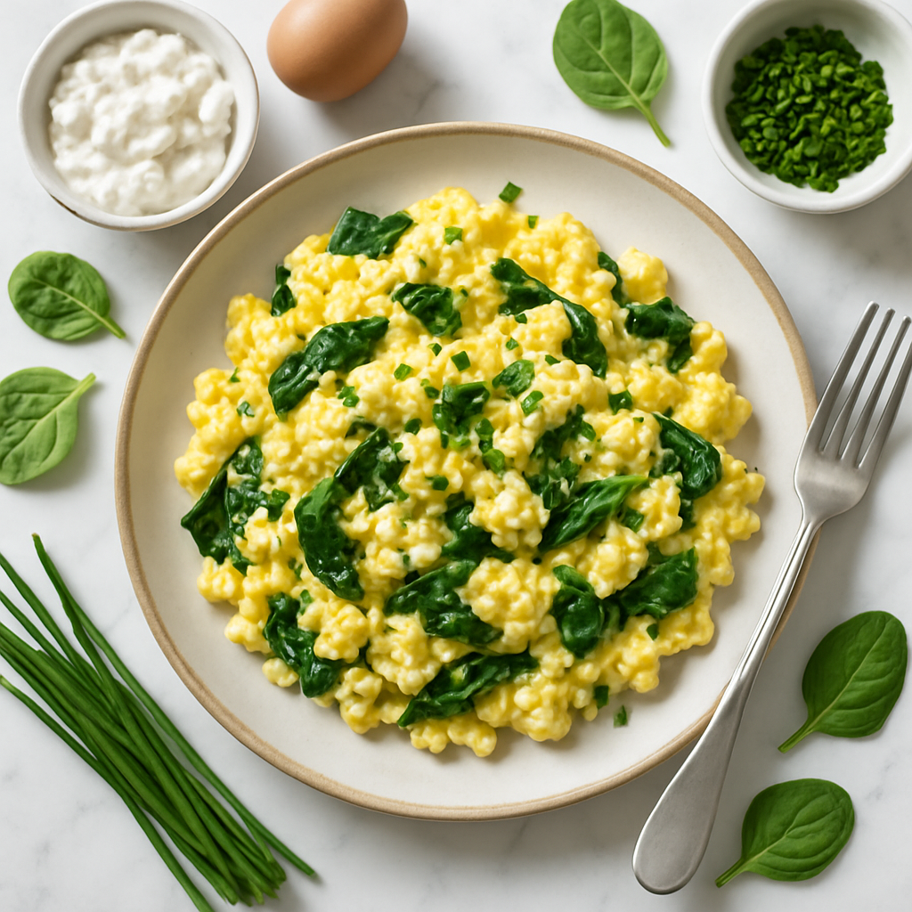 High Protein Cottage Cheese Scrambled Eggs Recipe with Chives and Spinach