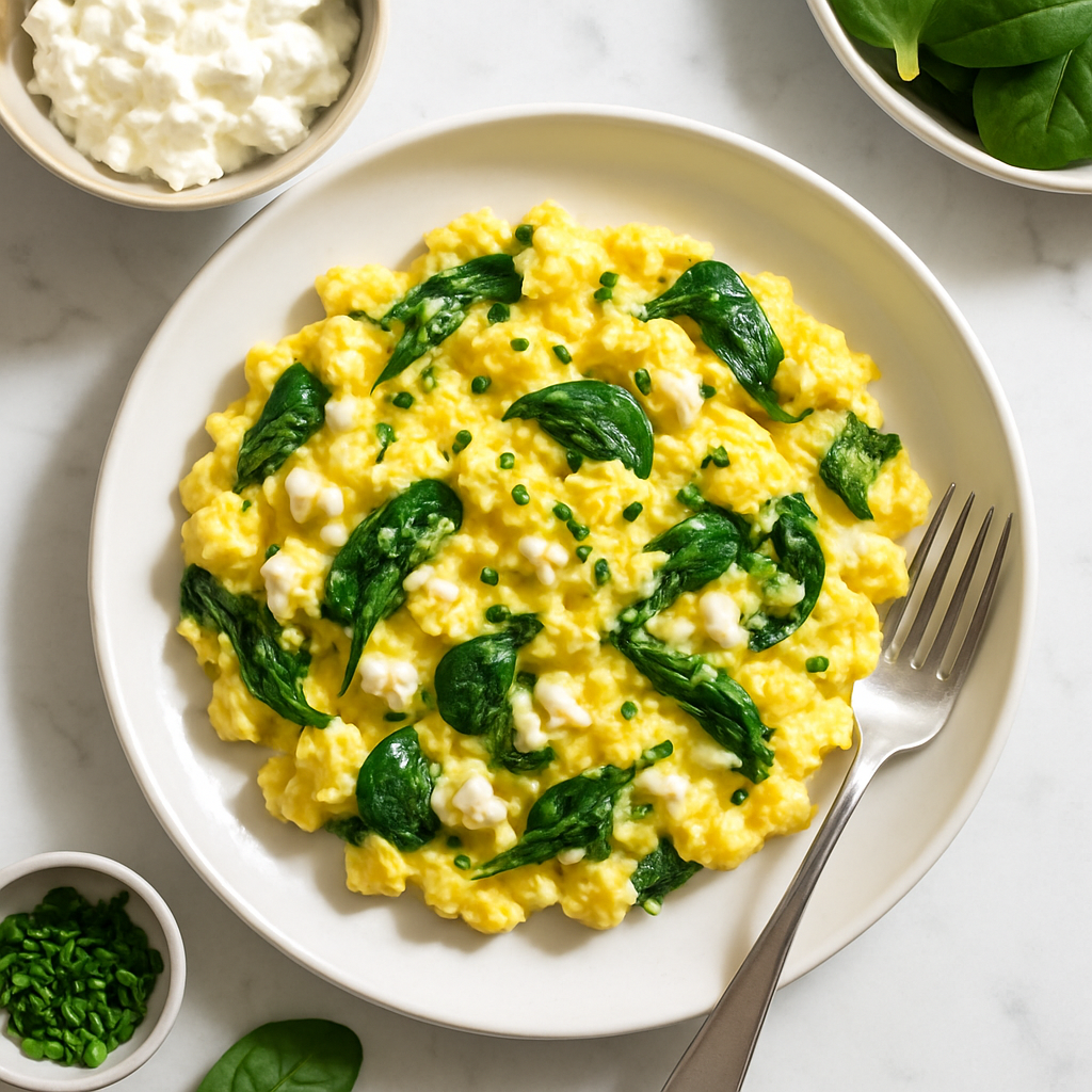 High Protein Cottage Cheese Scrambled Eggs with Spinach and Chives